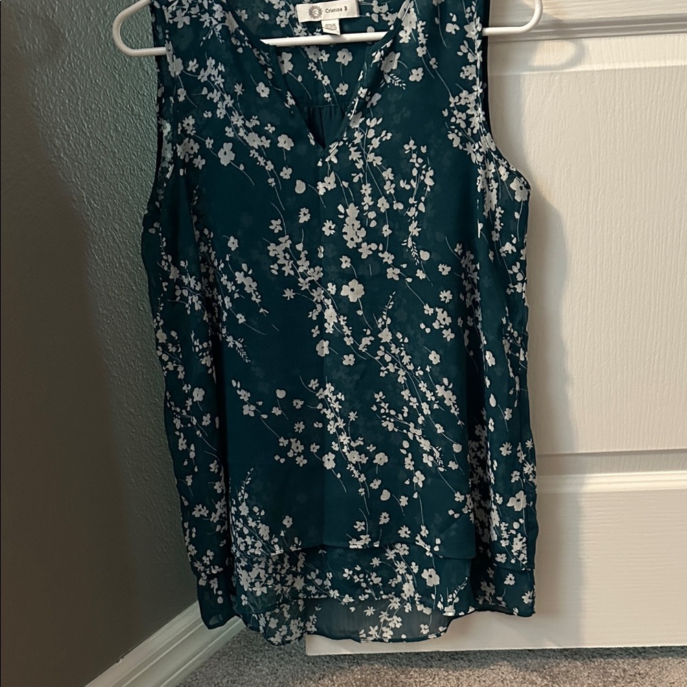 Christina B Teal Floral Sleeveless Blouse